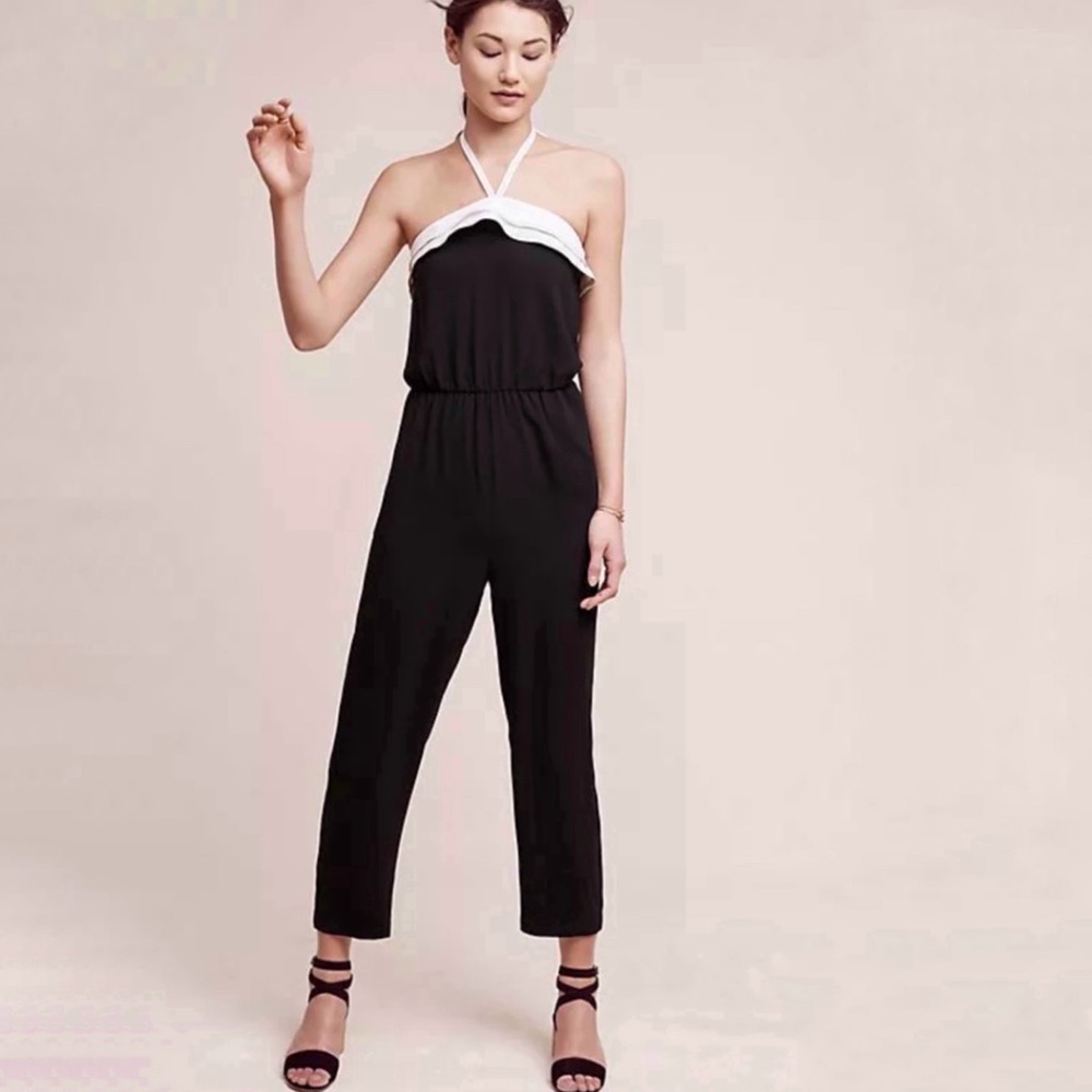Anthropologie black white ruffle halter jumpsuit